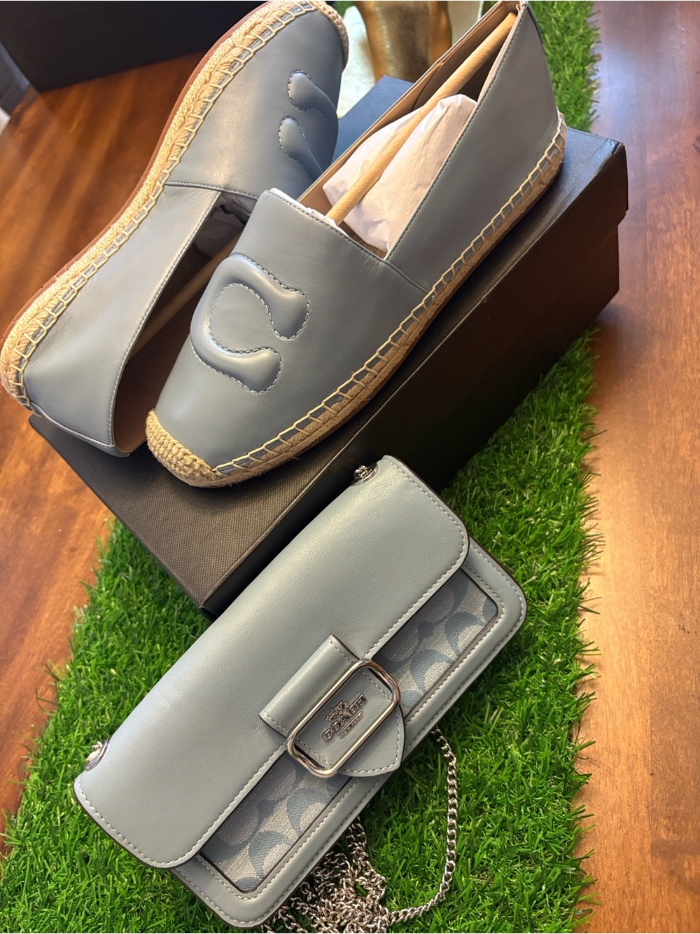 Coach Light Blue Leather Espadrilles with Matching Light Blue Crossbody Bag
